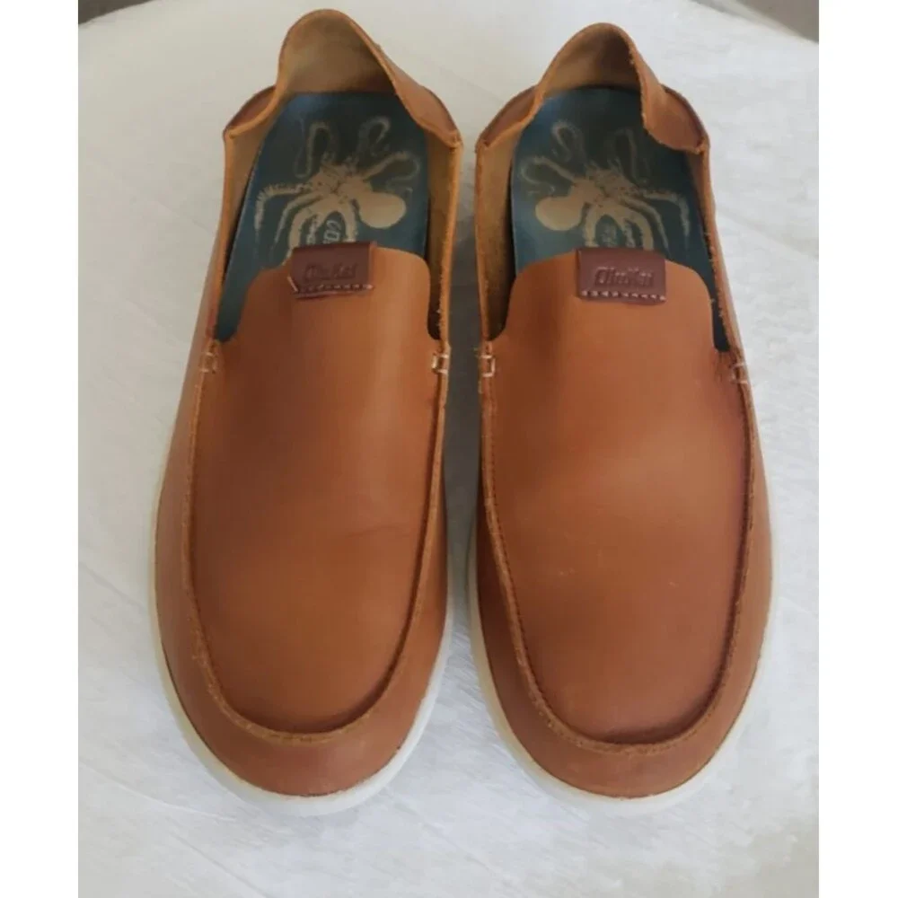 Olukai Nalukai 10379-FX19 Drop In Heel Brown Leather Loafer Slip On Men's SZ 10